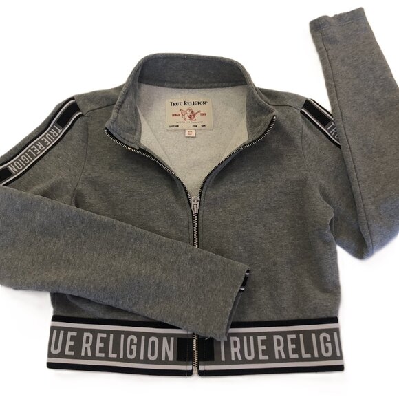 True Religion Cropped Track Jacket Full Zip Fleece Sweatshirt - Picture 1 of 12
